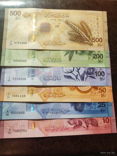 Сирия сет 6 банкнот 10,25,50,100,200,500 фунтов образца 2025 года UNC
