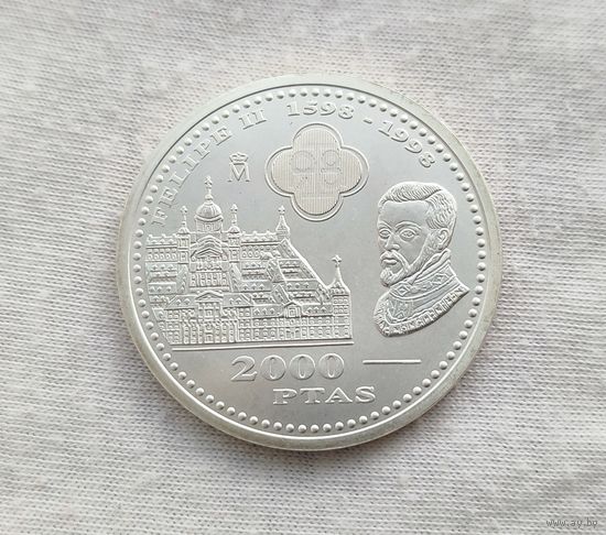 Испания, 2000 песет 1998 г., серебро 0.925, 400 лет со дня смерти Филиппа II