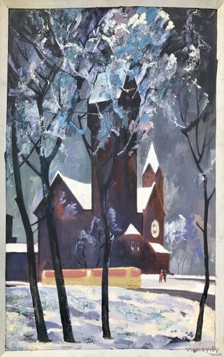 Матвейчук А.И "Дом кино в здании костёла", 1977 г. ДВП, масло. 52,5х83 см.