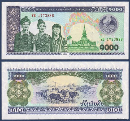 Лаос, 1000 кип 1998 г., P-32Aa (VB, пагода Пха Тхат Луанг во Вьентьяне), UNC