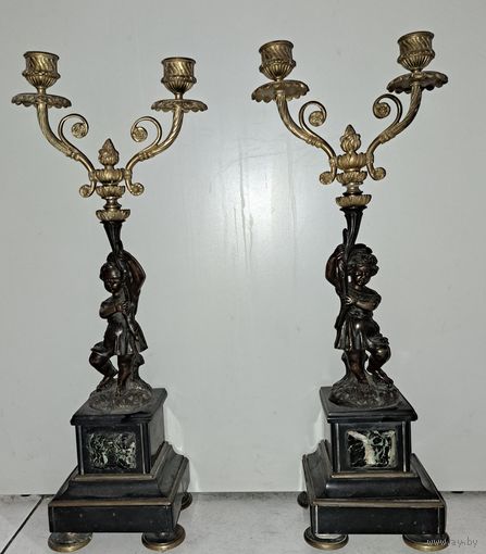 Подсвечники старинные. Бронза мрамор. 19 век. Франция.