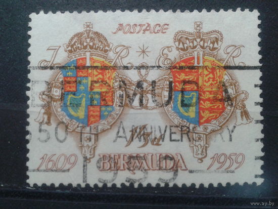 Бермуды, колония Англии, 1959. Гербы короля Якоба I и королевы Елизаветы II