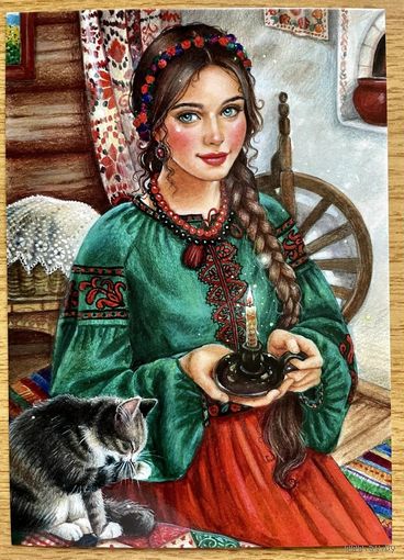 Открытка чистая 10х15 см. Художница Елена Буторина. Кошечка.