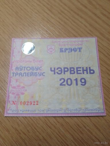 Месячный проездной Автобус-троллейбус Брест, июнь 2019 г.