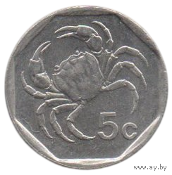 Республика Мальта. 5 центов 1998, 2001. АU. Фауна. Мальтийский пресноводный краб. Цена за одну монету.