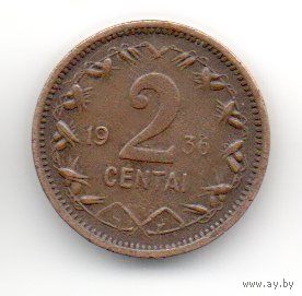 ЛИТОВСКАЯ РЕСПУБЛИКА /ПЕРВАЯ РЕСПУБЛИКА/. 2 ЦЕНТА 1936. ПАГОНЯ. ОТЛИЧНАЯ