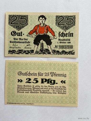 Нотгельд 25 пфеннигов Неуштрелитц. Веймарская республика - 1602 (2)