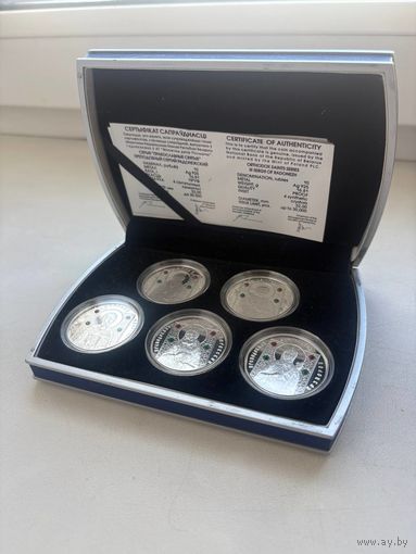 "Православные святые" 10 рублей , Преподобные Евфросиния Полоцкая, Серафим Саровский, Сергий Радонежский, Святитель Николай Чудотворец, Великомученик Пантелеимон.