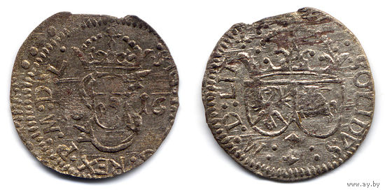 Шеляг 1616, Сигизмунд III Ваза, Вильно. Остатки штемпельного блеска, патина. Рв - крест в конце легенды.