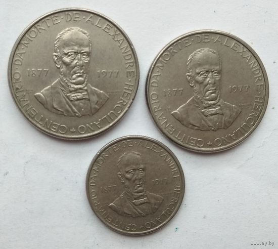 Португалия 1, 2.5, 5 эскудо 1977 г. 100 лет со дня смерти Алешандре Эркулано. Комплект