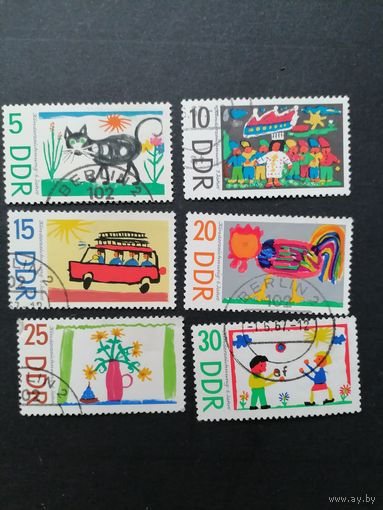 ГДР 1967 Полная серия марок "Детские рисунки" (гашение с клеем, на номинале 25 есть узкое место) Mi.1280-1285 каталог 3.20 евро