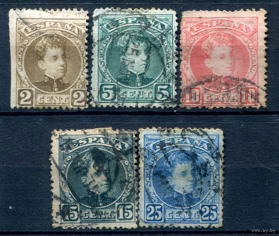 Испания (Королевство) - 1901г. - король Альфонсо XIII, 2 с, 5 с, 10 с, 15 с, 25 с - 5 марок - гашёные. #1-Sp-7-A-1