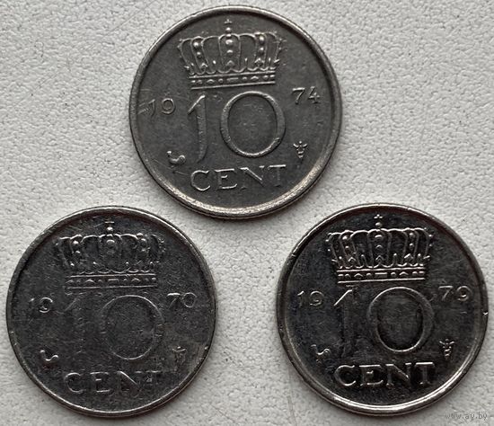 Нидерланды 10 центов 1970, 1979 гг. Цена за 1 шт.