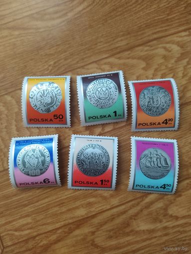 Польша серия марок 1977г. Монеты на марках