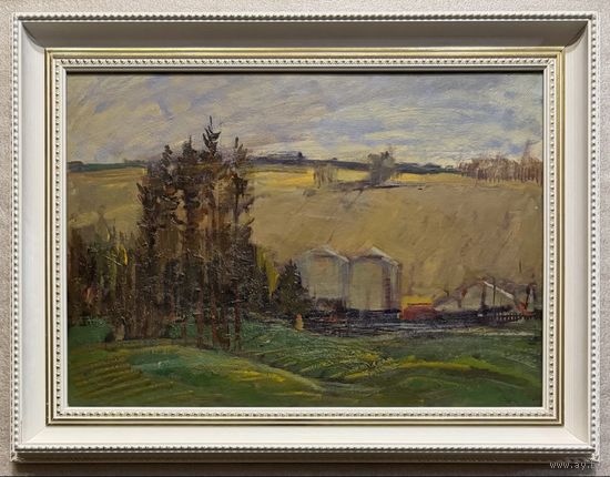 Данциг М.В "Пейзаж с цистернами", 1955г. Картон, масло. Размер с рамой 85х65 см.