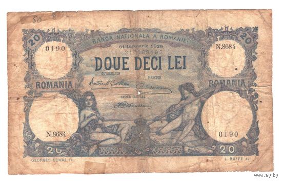 Румыния 20 лей 1929 года. Дата 31 января. Состояние VG. Редкая!