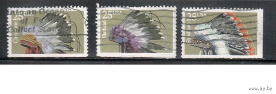 США-1990, (Мих.2099-2102),   гаш. ,Индейцы, Головные уборы  , 3 марки
