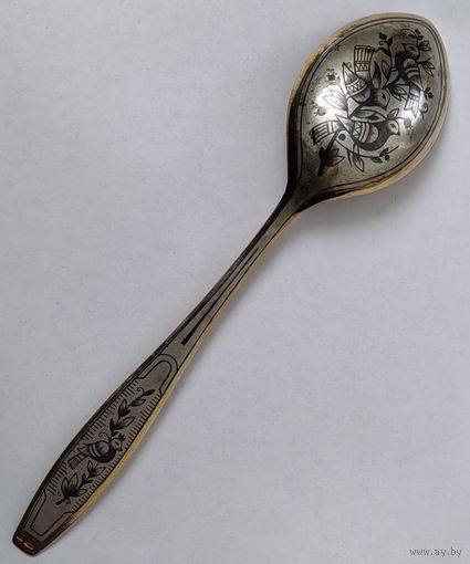 Ложка суповая с узором птичек на ветках. 875 пробы. позолота. Северная чернь. СССР Великий Устюг