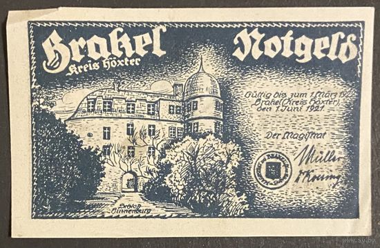 Нотгельд 50 пфеннигов 1921 год. Бракель. Веймарская республика