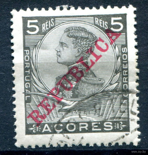 Португальские колонии - Азорские острова - 1910г. - Король Мануэл II, надпечатка Republica, 5 R - 1 марка - гашёная [Mi 124]. #1-Po-21-A-1