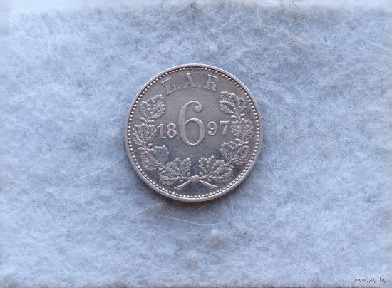 Werty71 Южная Африка 6 пенсов 1897 Серебро ЮАР Оранжевая Республика Трансвааль Крюгер Блеск