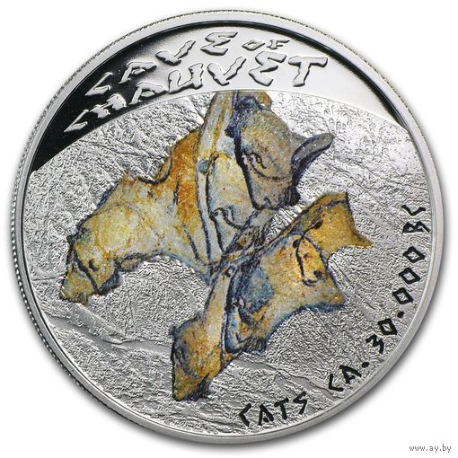 Ниуэ 1 доллар 2011г. "Наскальные рисунки. Пещера Шове "Кошки". Монета в капсуле; подарочном футляре; номерной сертификат; коробка. СЕРЕБРО 15,50гр.(1/2 oz).