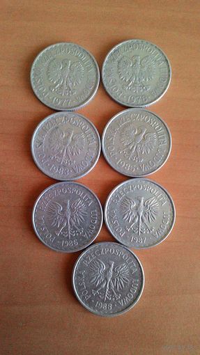 1 злотый 1977, 1978, 1983, 1985, 1986, 1987, 1988. Сборный лот, 7 монет.