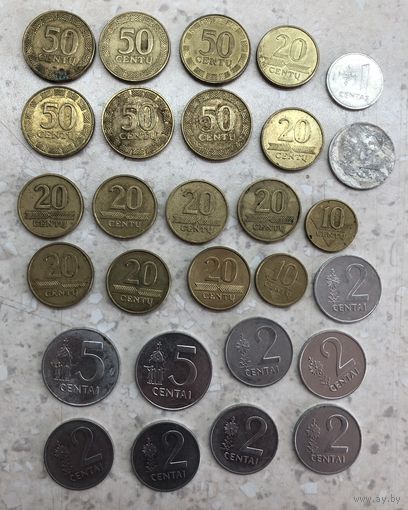 Литва 50 центов: 6 шт., 20 центов: 9 шт., 10 центов: 2 шт., 5 центов: 2 шт., 2 цента: 8 шт., 1 цент: 1 шт.