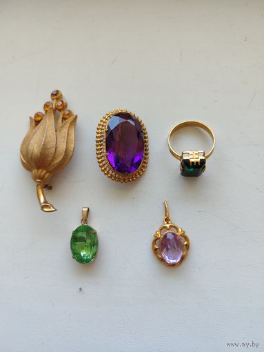 Брошь Тюльпан в стиле Трифари матовое золото США винтаж., Перстень,брошь,два кулона винтаж