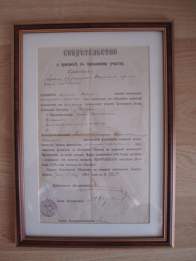 Документ 1891 год Свидетельство о призыве дворянина Сиповича. Ковно. В раме с паспорту.