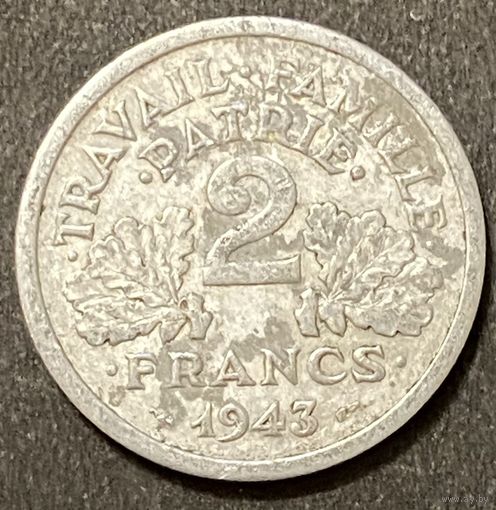 Монета 2 франка 1943 год. Франция. Труд, Семья, Отечество.