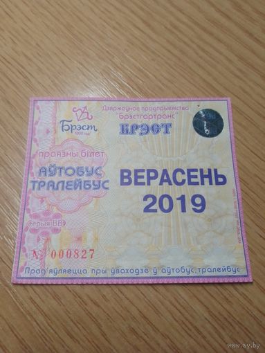Месячный проездной Автобус-троллейбус Брест, сентябрь 2019 г. (в честь 1000-ЛЕТИЯ БРЕСТА)
