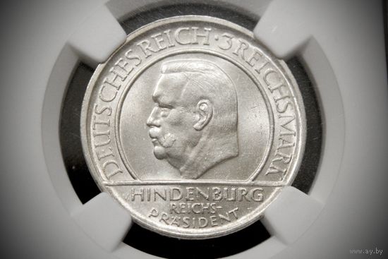 3 рейхсмарки 1929 г. Веймарская республика (Германия), Пауль фон Гинденбург. "10 лет Веймарской конституции". NGC MS62