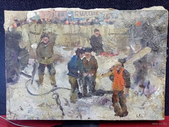С рубля без мц. картина "Рабочие", 42х29см. х.м.