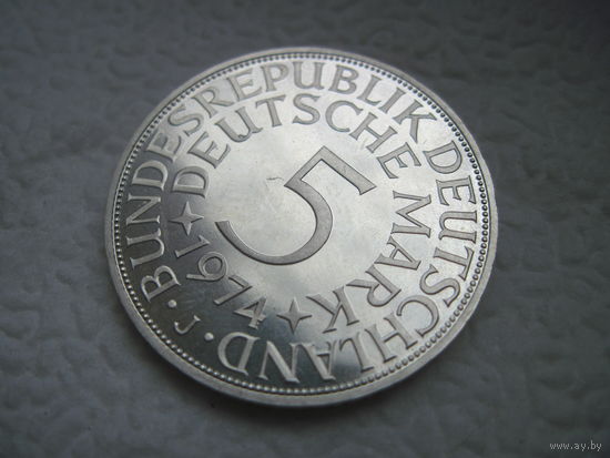 Германия ФРГ 5 марок 1974 г  J  Гамбург  СУПЕР СОСТОЯНИЕ  PROOF