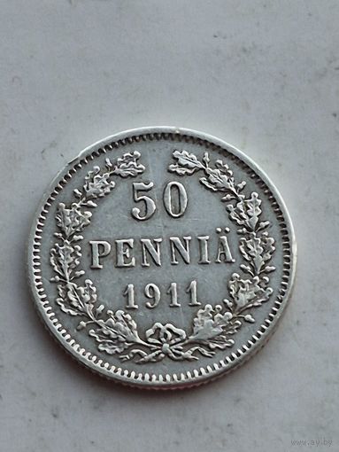 50 пенни Финляндия 1911 года. Серебро 750. Монета не чищена. 45181
