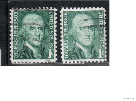 США-1968, (Мих.940 х+у) , гаш. , Стандарт, Личности, Джефферсон (одиночка), 2 типа бумаги(1)