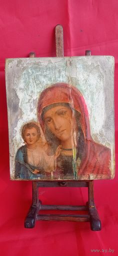 Икона Матерь божия дерево холст масло . Торги с рубля