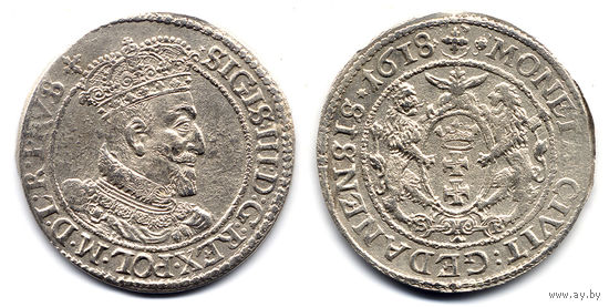 Орт (1/4 талера) 1618 SB, Сигизмунд III Ваза, Гданьск. Ав - окончание легенды R:PRVS:*, Рв. - миниатюрные буквы SB у лап львов. Коллекционное состояние!