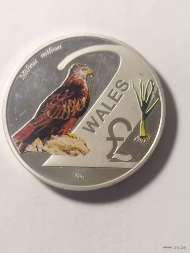 Великобритания 2 фунта стерлингов "Milvus milvus" посеребреные с частичной окраской вес 32 гр.