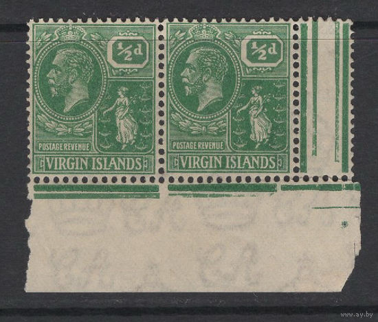 1922 Виргинские острова / British Virgin Is *  стандарт 1/2 d Георг V , Герб колонии, сцепка 2 марки угол SG#86