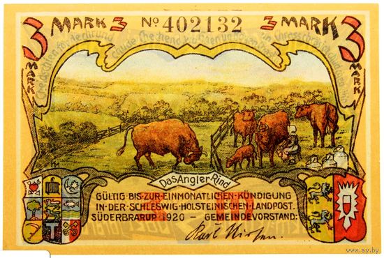 РАСПРОДАЖА!!! - ГЕРМАНИЯ ЗЮДЕРБРАРУП (ШЛЕЗВИГ-ГОЛЬШТЕЙН) 3 марки 1920 год - UNC!