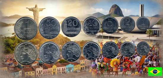 Бразилия времен Тропиканки набор монет 1, 2, 5, 10, 20, 50 сентово (центов); 1 крузейро. Сторгуй за свою цену, предложи обмен!
