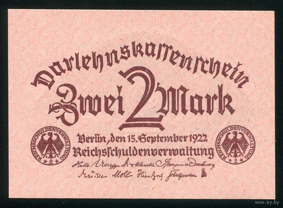 Германия. 2 Марки 1922 года. P62. UNC