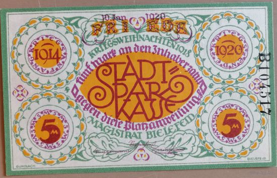 Германия 5 марок 1920 (1914) г Билефельд (Bielefeld) 103.4a, B#5, отметка 1920 год. aUNC