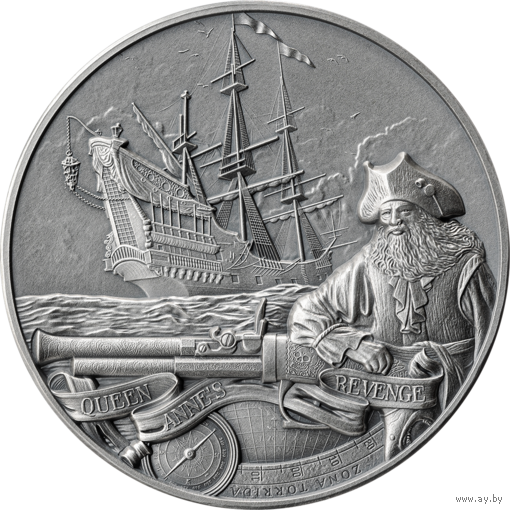 Барбадос 5 долларов 2023г. "Месть королевы Анны. Капитаны удачи. Корабль". Монета в подарочном футляре; сертификат; коробка. СЕРЕБРО 62,20гр.(2 oz).