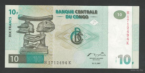 Конго 10 франков 1997 года. Hotel des Monnaies. Тип Р-87B. Состояние UNC