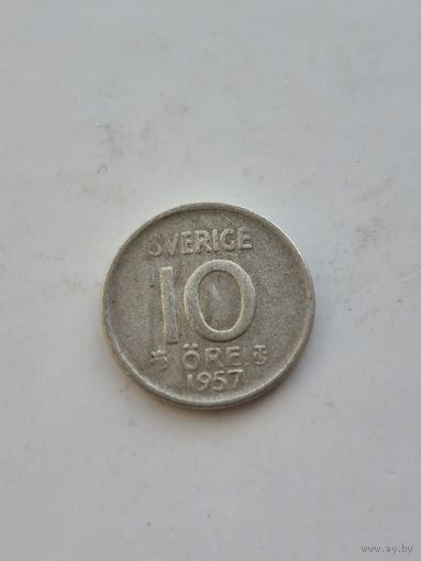 10 эре 1957 года Швеция. Серебро 400. Монета не чищена. 45377
