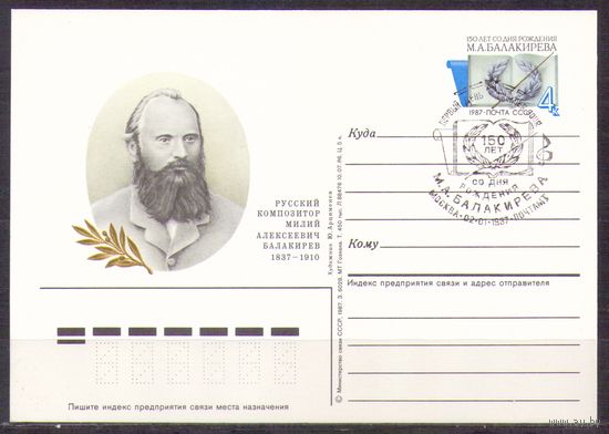 СССР 1987 ПК с ОМ 161. Композитор Балакирев. СГ Москва