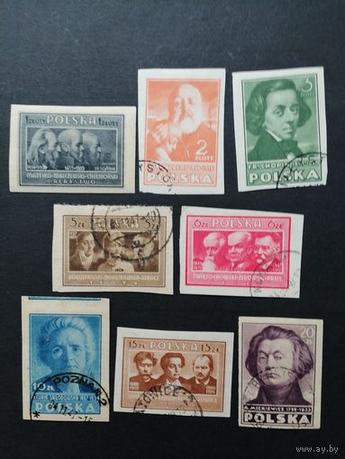 Польша 1947 Полная серия марок "Польская культура" (гашение без клея, следы от наклеек, наклейки) Mi.463В-470В каталог 4.20 евро